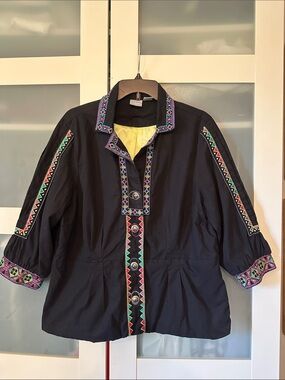 Black Utility Jacket with Colorful Embroidered Trim